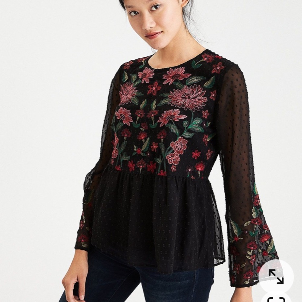 American Eagle floral embroidered Swiss dot blouse
